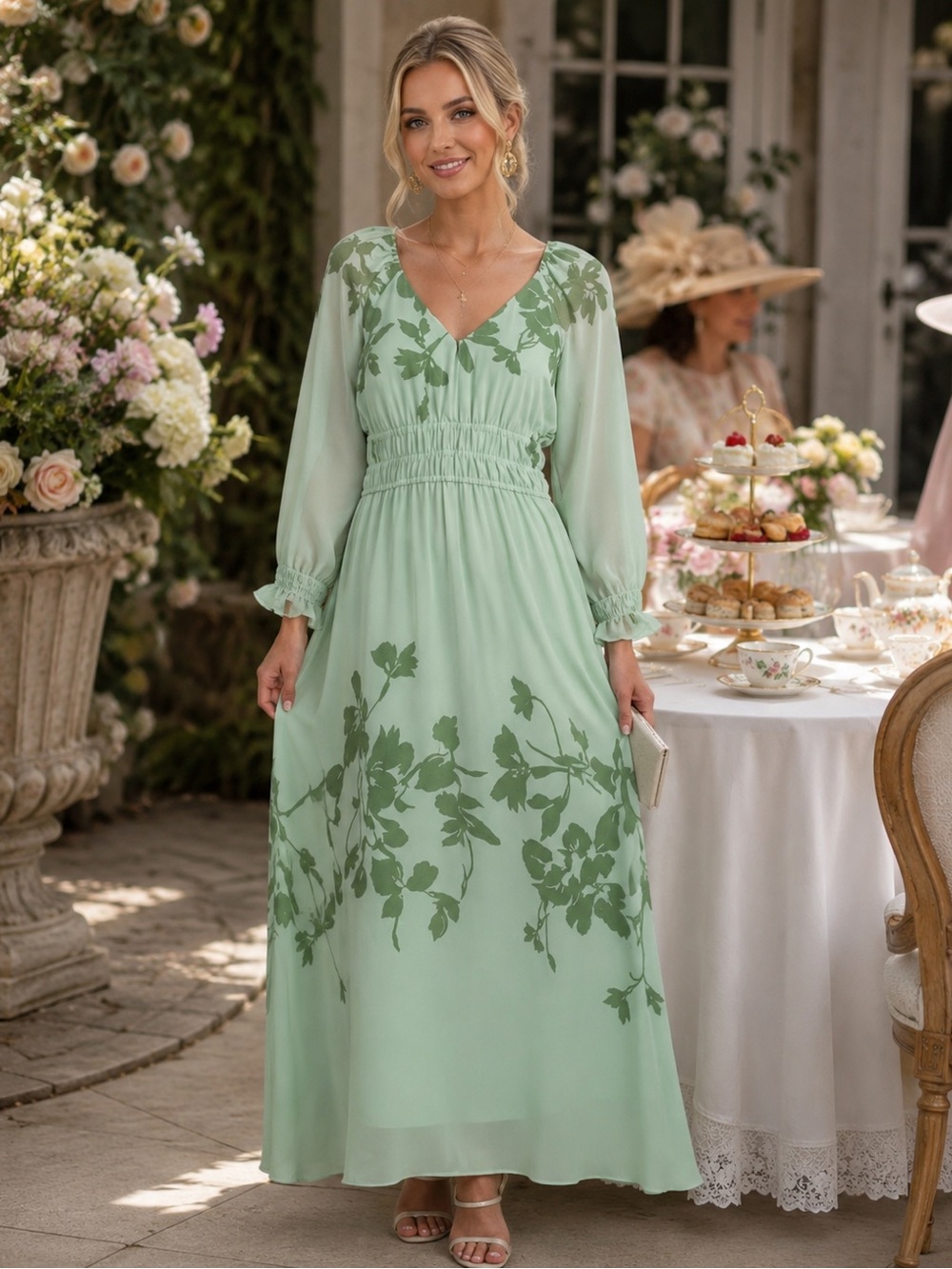 Taylor Elegant Sage/Mint Green Floral V-Neck Maxi Dress with pockets